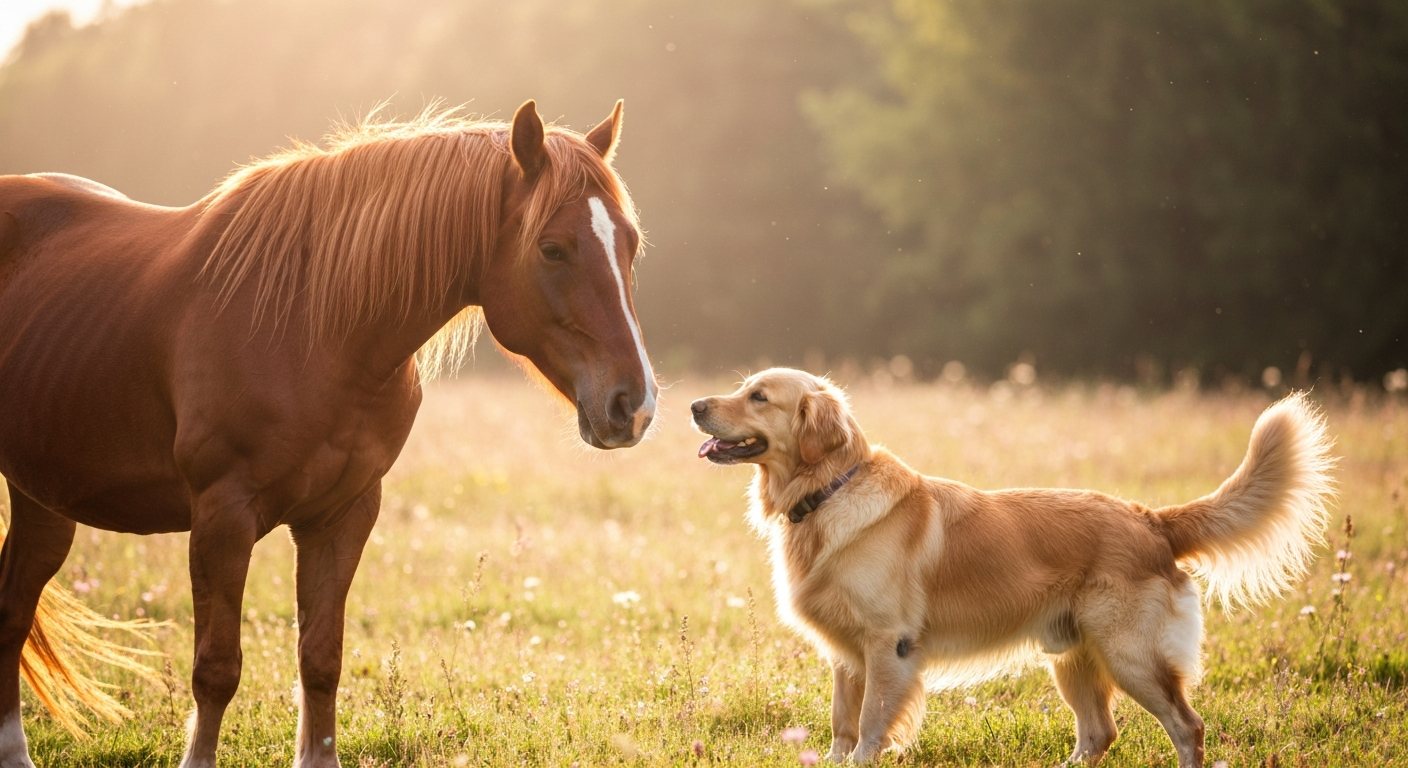 Caballo y perro dorado conectando en un prado al atardecer